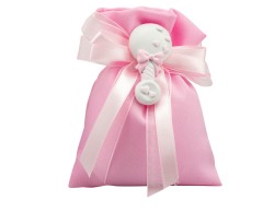 Sacchetto harmony 2024 con magnete biberon/sonaglio rosa assortito in 2 modelli su Bomboniere Dolci Emozioni