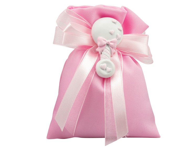 Sacchetto harmony 2024 con magnete biberon/sonaglio rosa assortito in 2 modelli su Bomboniere Dolci Emozioni