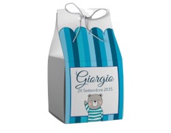 Scatolina porta confetti personalizzata quadrata righe sfumatura blu con orsetto