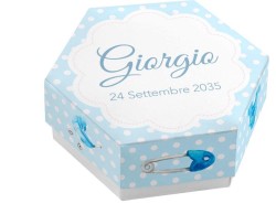 Scatolina porta confetti personalizzata esagonale blu pois con  spilla e passeggino