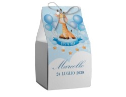 Scatolina porta confetti personalizzata quadrata blu giraffa su nuvola con palloncini
