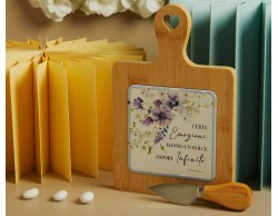 Bomboniera Claraluna 2026 Tagliere Bamboo con Coltello Decoro Floreale Lilla