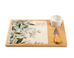 Bomboniera Matrimonio harmony TAGLIERE RETTANGOLARE LEGNO E PORCELLANA DECORO FOGLIE CON COLTELLINO E CIOTOLA