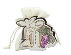 Sacchetto harmony 2024 juta bianco con legno simbolo Cresima e colomba