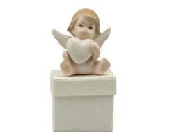 SCATOLINA QUADRATA IN TESSUTO BIANCA CON ANGELO CON CUORE IN PORCELLANA