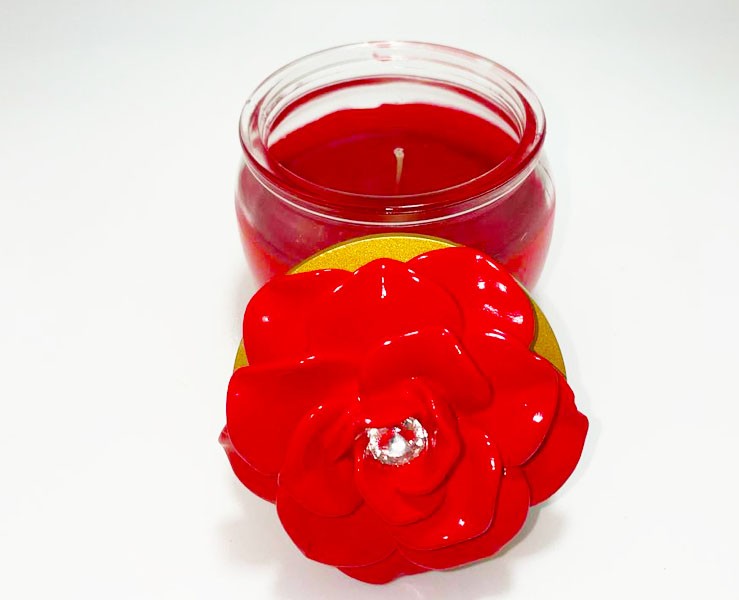 Bomboniera Matrimonio Mariella Martini candela profumata rossa con coperchio con applicazione rosa su Bomboniere Dolci Emozioni