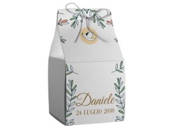 Scatolina porta confetti personalizzata quadrata decoro colomba e rami ulivo