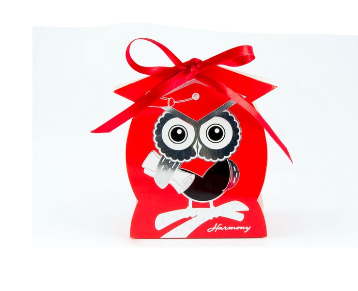 SCATOLINA LAUREA PORTA CONFETTI ROSSA CON GUFETTO su Bomboniere Dolci Emozioni