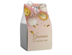 Scatolina porta confetti personalizzata quadrata rosa con palloncini oro rosa