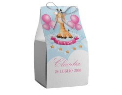 Scatolina porta confetti personalizzata quadrata rosa con giraffa su nuvola con palloncini