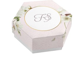 Scatolina porta confetti personalizzata esagonale decoro floreale bianco