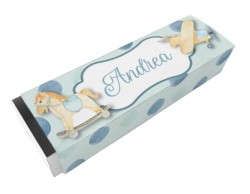 Scatolina porta confetti personalizzata rettangolare fantasia pois blu con pony e aeroplano