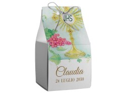 Scatolina porta confetti personalizzata quadrata decoro calice JHS uva