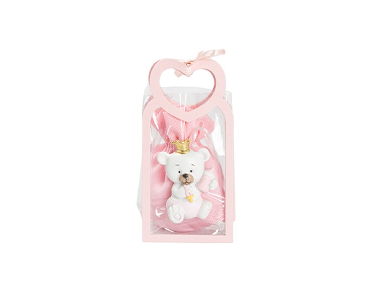 Harmony BUSTINA PU ROSA CON MANICO CUORE CON MAGNETE ORSETTO 3 ASS. CON SACCHETTO ROSA su Bomboniere Dolci Emozioni