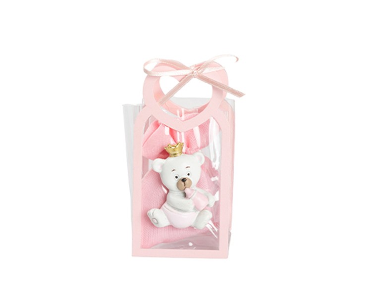 Harmony BUSTINA PU ROSA CON MANICO CUORE CON MAGNETE ORSETTO 3 ASS. CON SACCHETTO ROSA su Bomboniere Dolci Emozioni