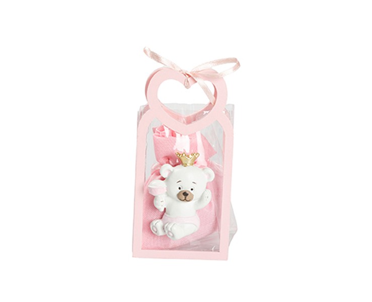 Harmony BUSTINA PU ROSA CON MANICO CUORE CON MAGNETE ORSETTO 3 ASS. CON SACCHETTO ROSA su Bomboniere Dolci Emozioni