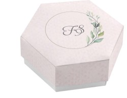 Scatolina porta confetti personalizzata esagonale decoro ramo con foglie verdi