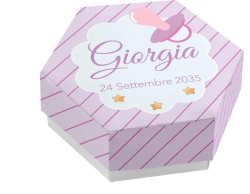 Scatolina porta confetti personalizzata esagonale rosa con righe e ciuccio