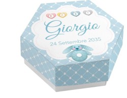 Scatolina porta confetti personalizzata esagonale blu con coniglietto