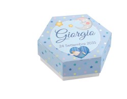 Scatolina porta confetti personalizzata esagonale blu con stelle luna e animaletto cuore