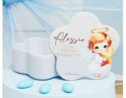 Bomboniera Claraluna scatolina angioletto azzurro con scritta personalizzabile